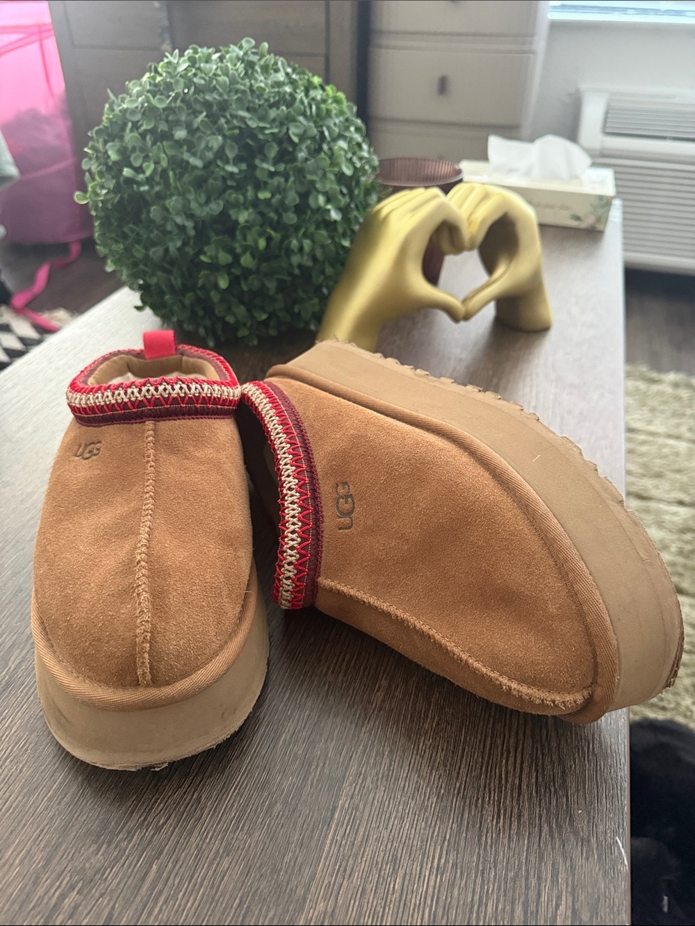 UGG Chestnut Suede Clog Mules with Red Trim